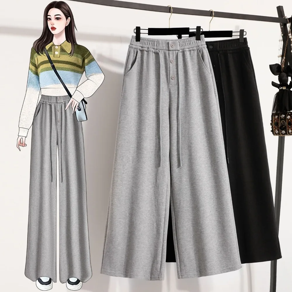 

Повседневные свободные прямые брюки с высокой талией на пуговицах в полный рост, корейская модная осенняя одежда больших размеров