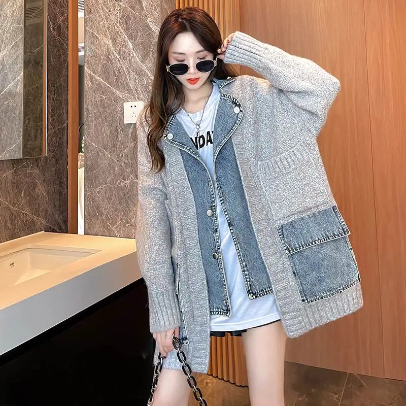 Chic Women Knitted Spliced Denim Jacket Sweater Coat Turn Down Collar Sweater Jean Coat Knit Cardigan Fall Winter Knitwear Tops