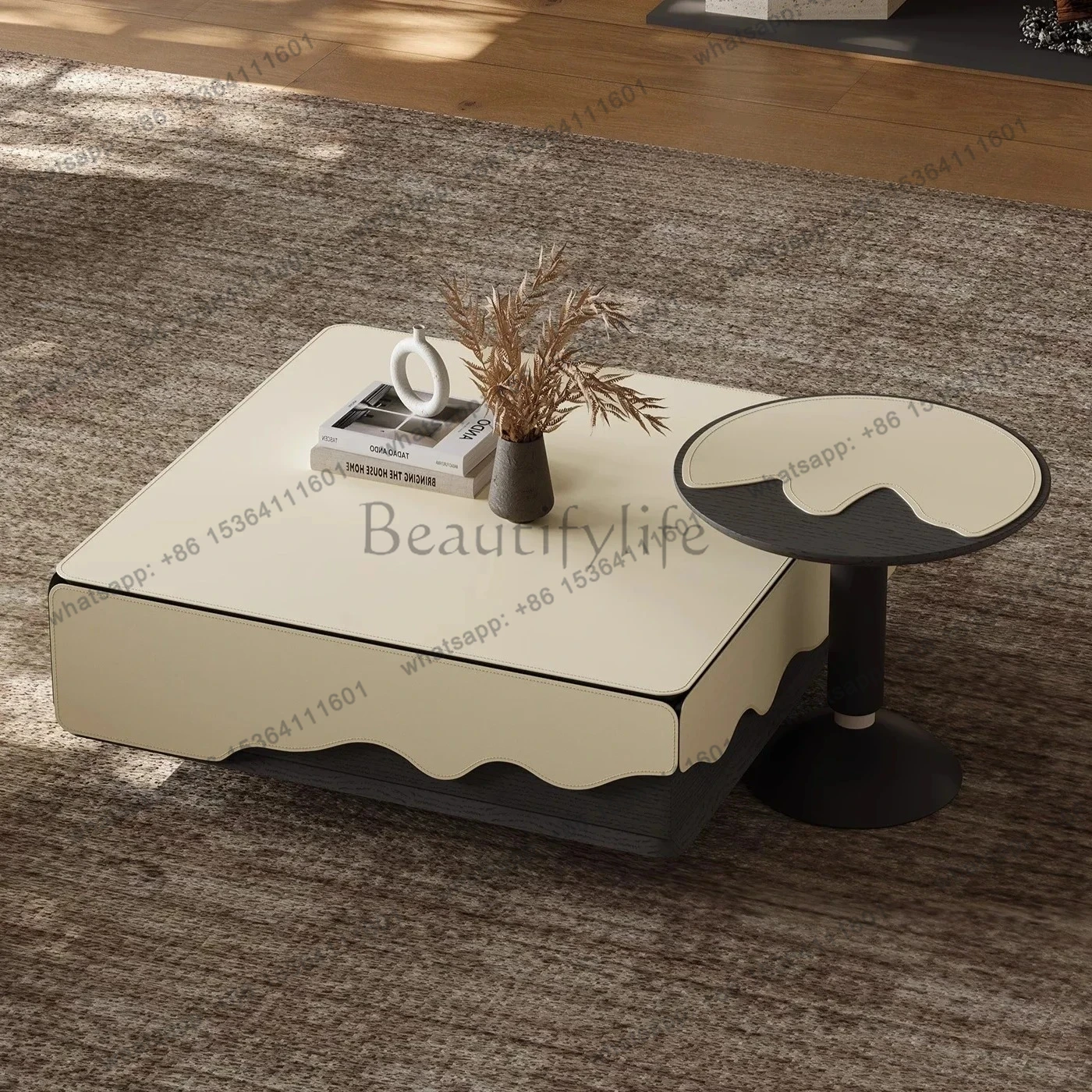 

Italian minimalist coffee table combination square saddle leather high-end living room household small apartment creative cream