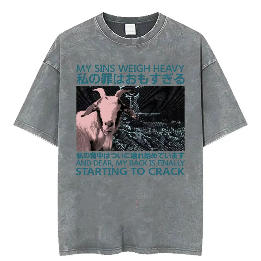 My Sins Weigh Heavy Japanese Gothic Goat Funny T-shirt Men Women Harajuku Fashion Classic T-shirts Cotton Vintage Washed T Shirt