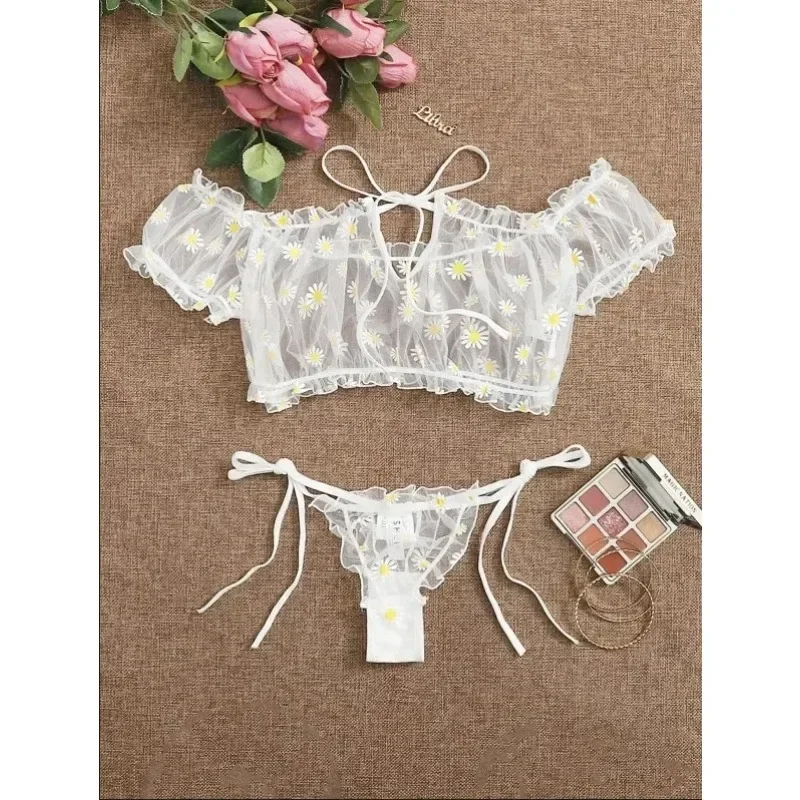 Sexy Women\'s Underwear Lace Floral Wire Free Lingerie Set Off-Shoulder Small Chest Bralette+Thong Beachwear Transparent Bra Set