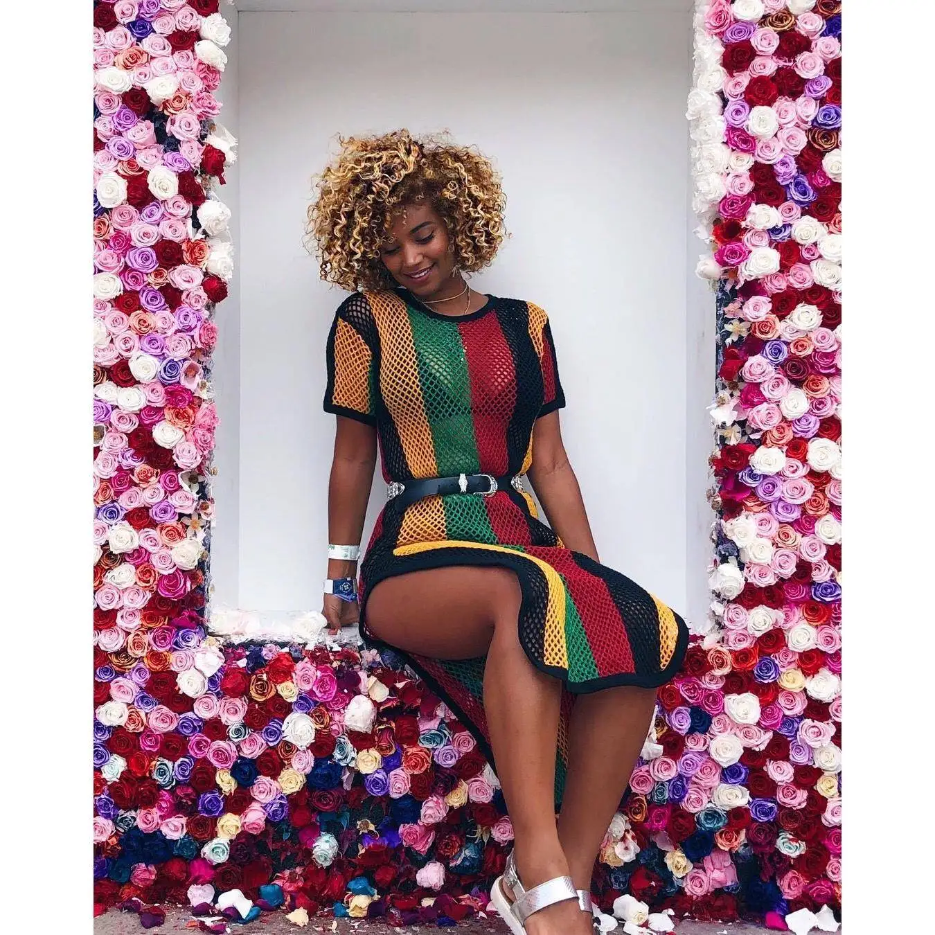 

TS789 New Women's Me Color Stripe Print Dr Sexy Splice Long Polyester Fiber Summer Faion Ladies' Dr