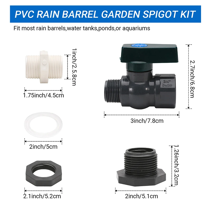 PVC chuva barril desviador Kit com anteparo encaixe mangueira torneira adaptador, 3/4 ", Válvula torneira Kit