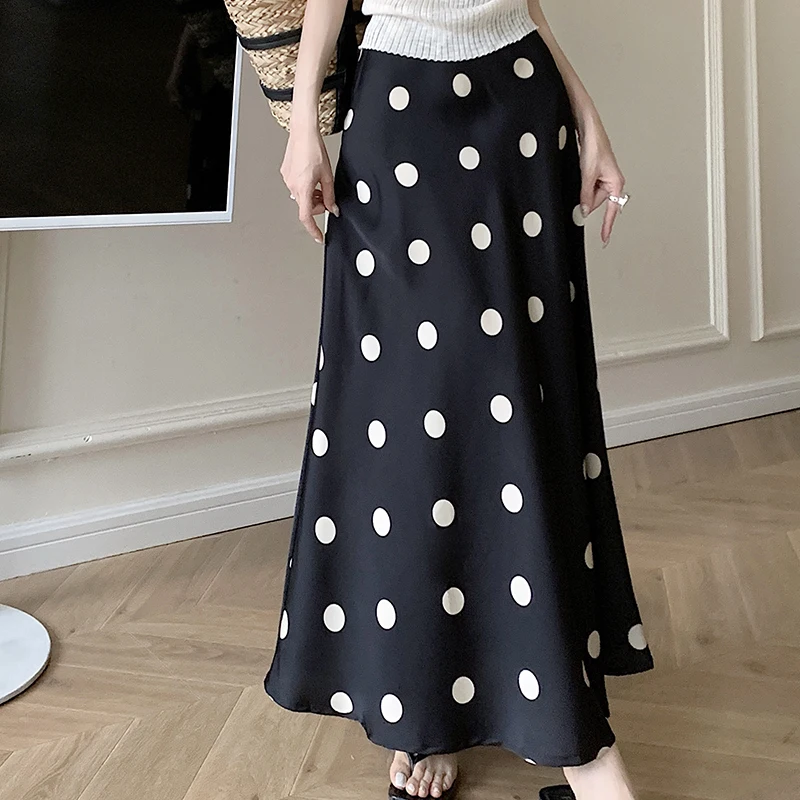 Zwarte Polka Dot Rokken Vrouwen Zomer Satijnen Rokken Hoge Taille Elegante Zeemeermin Rokken Koreaanse Mode Lange Fishtail Rok 2024 Nieuw