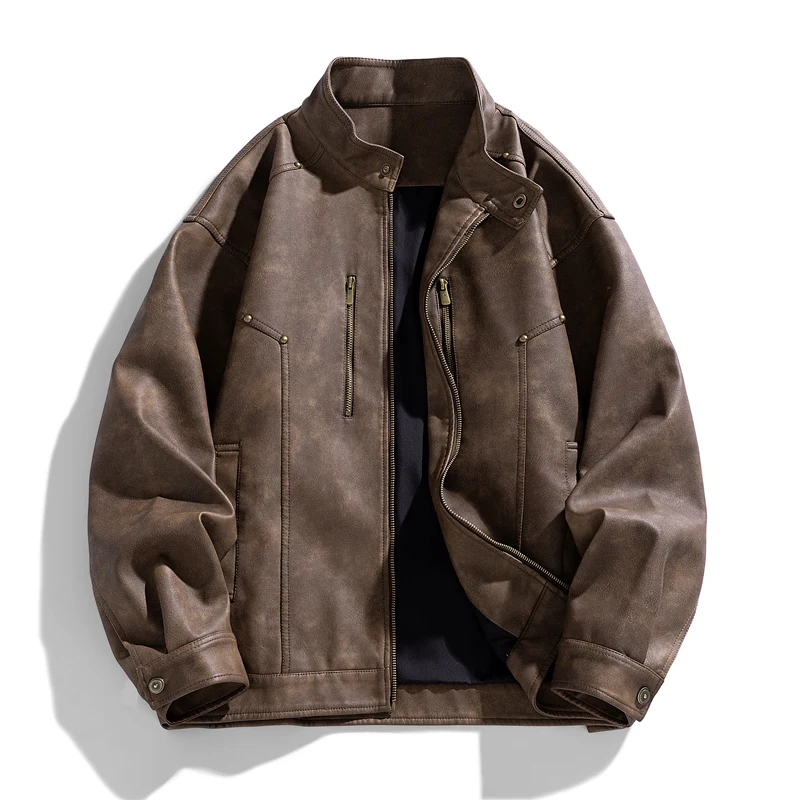 American Style Stand Collar Faux Leather Jacket Men Trend Motorcycles Casual Outwear Male Autumn Winter Loose Moto Biker Coats