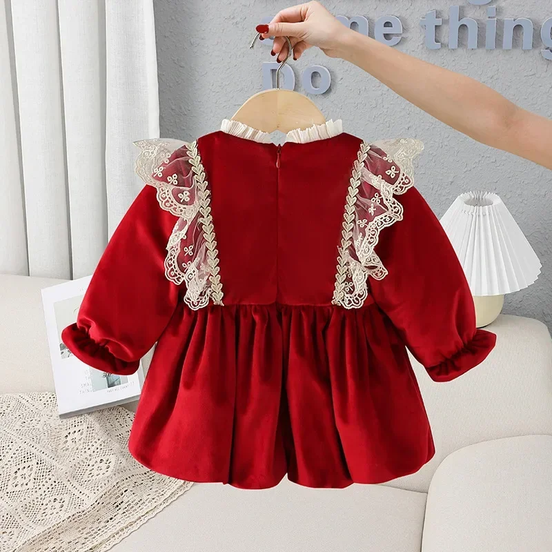 

Winter Girls Princess Lace Dress Children Baby Infants Thickening Embroidered Velvet Christmas Party Dresses Vestidos Kids