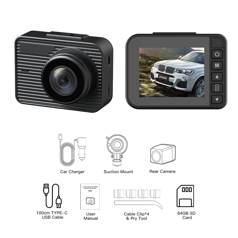 Soybean ZD46 4K Action Camera for Car Dashcam Built in GPS & WiFi 2'' Dual Channel Screen Video Recording G-Sensor with Rear Cam