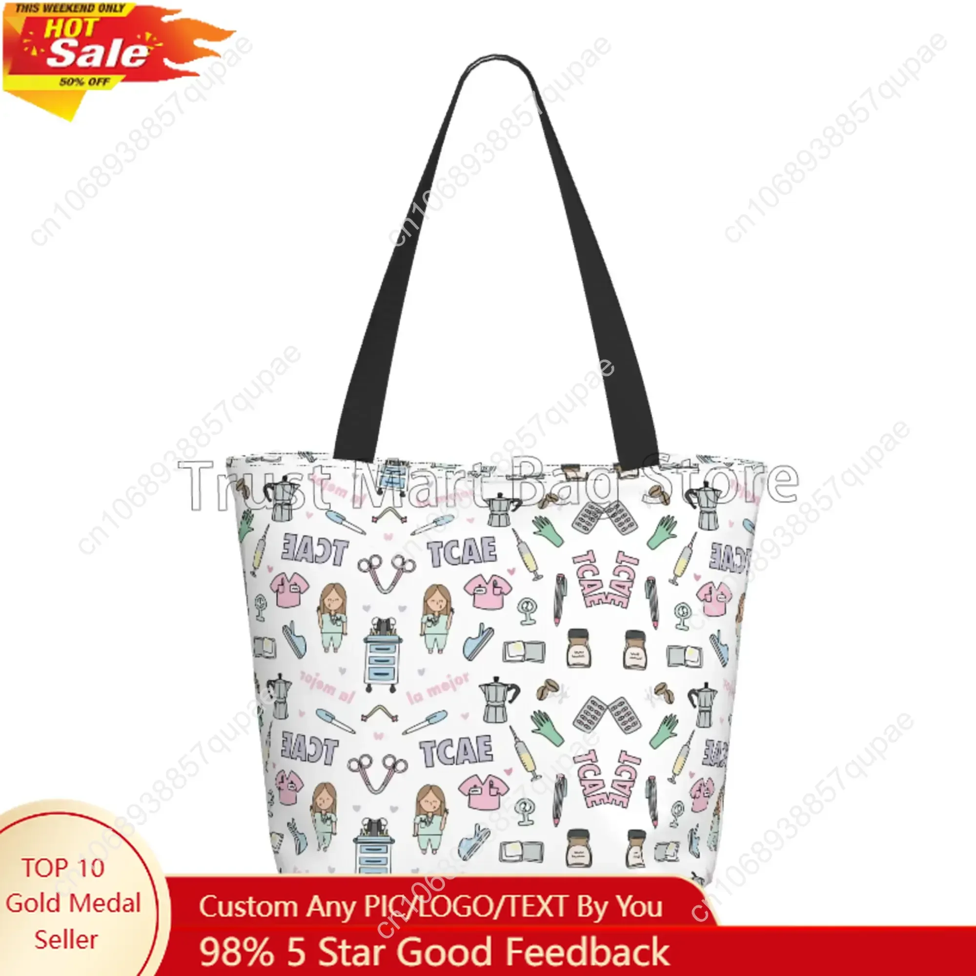 

Cartoon Ladies Doctor Nurse Reusable Grocery Bag Waterproof Shopping Handbags Women Travel Shoulder Bag Durable Tote Bags