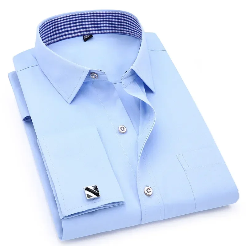 

Men's Dress Shirts French Cuff Blue White Long Sleeved Business Casual Shirt Slim Fit Solid Color French Cufflinks Shirts For