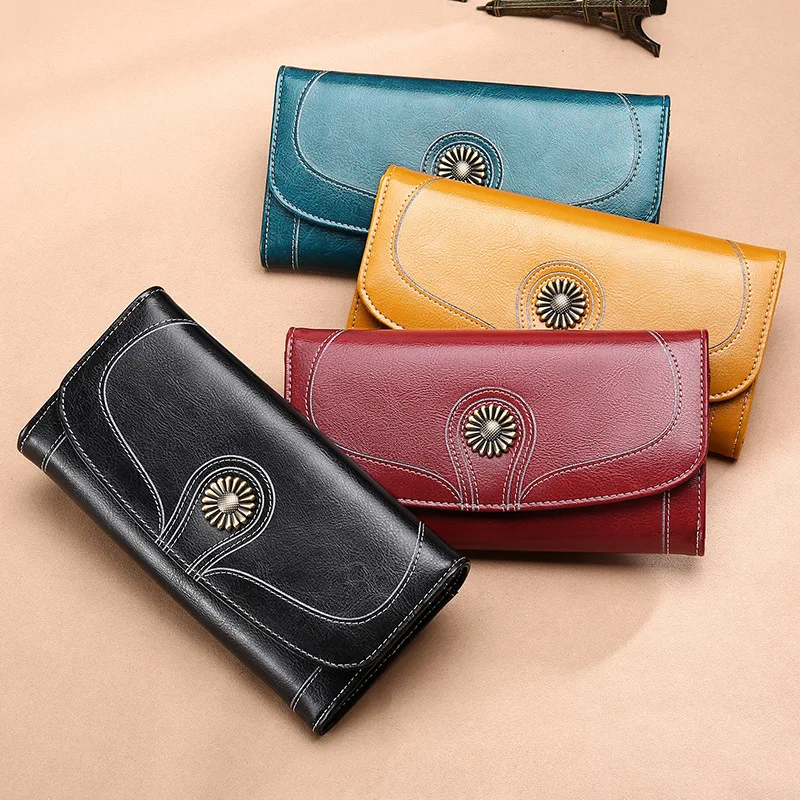 New Women's Wallet Women's Long Genuine Leather Multifunctional Retro Wallet Korean Version High Capacity Phone Wrap Clip