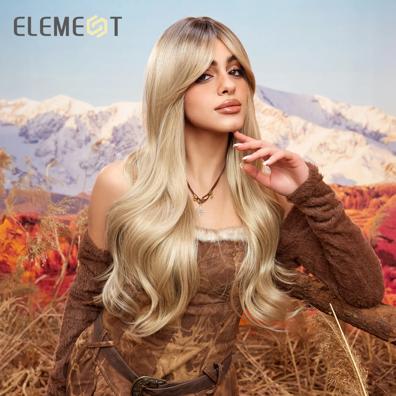 Element synthetische lange gewellte lockige Ombre blonde Farbe Perücke Haar mit Seiten knall für Frauen Damen hitze beständige Party täglich Haar