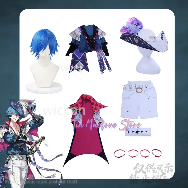 

a7d@Game Wuthering Waves Cosplay Brant anime Vikings Styles Costume Sexy Uniform Pants Hat Blue Wigs For Man Halloween Customize