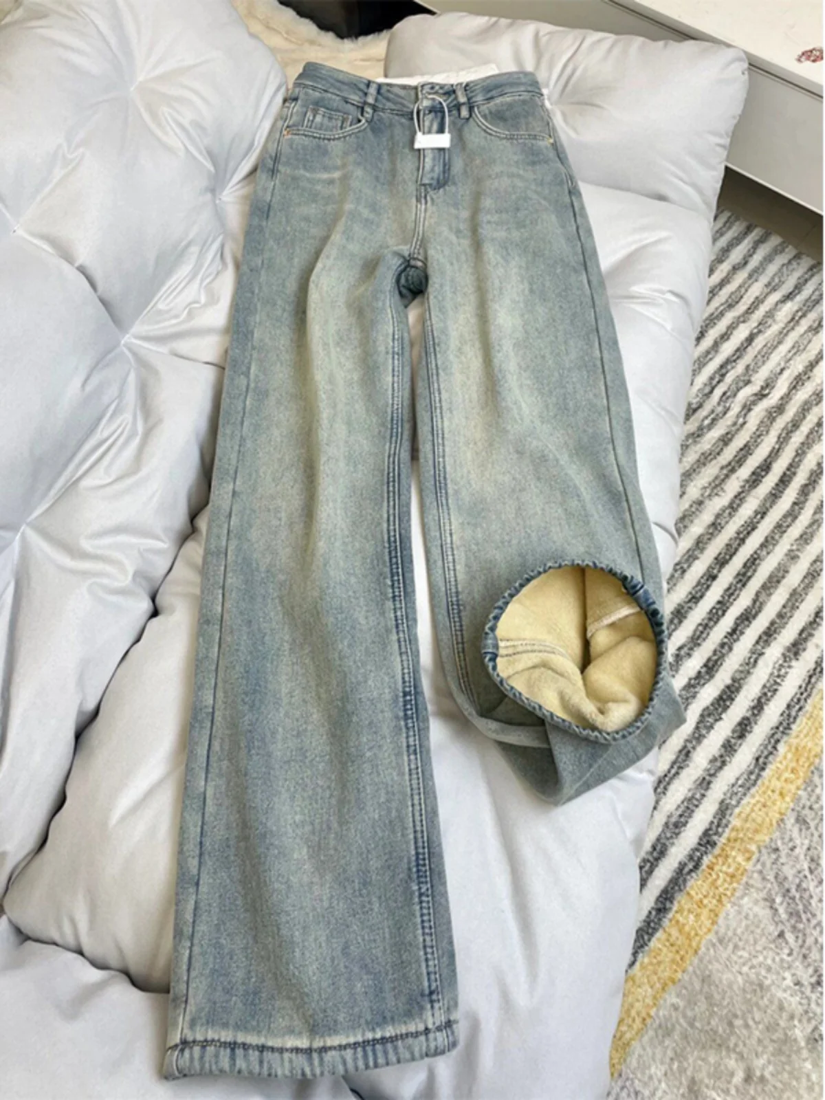 حجم كبير Fce اصطف Thiened مايكرو متوهج الجينز المرأة عالية الخصر الخريف مرونة حجم كبير 2024 جديد Sle متوهج السراويل