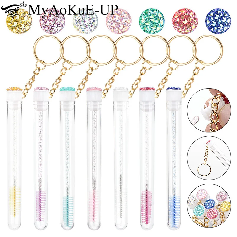 10pcs Tube Eyelash Brush With Gold Keychain Eyebrow Comb Holder Mascara Wand Applicator Lash Extension Micro Brushes Makeup Tool