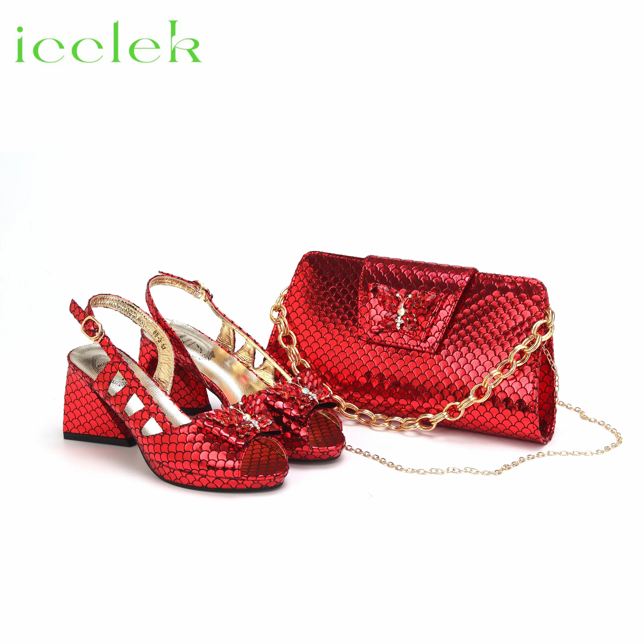 

2024 Hot Selling Peep Toe Hollow Design Comfortable Heels Ladies Sandal with Bag Set in Red Color For Summer