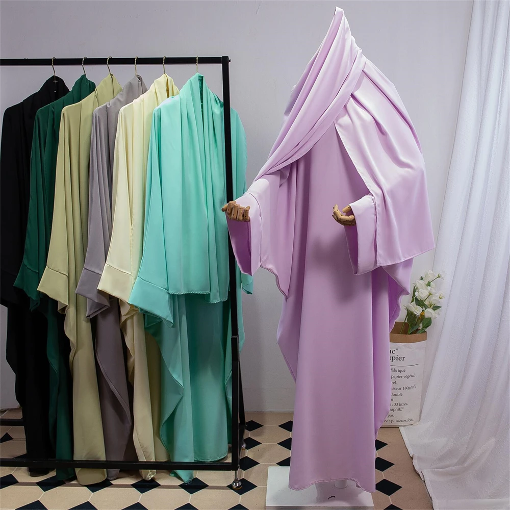

Two Pieces Muslim Abaya Women Islamic With Hijab Eid Ramadan Clothing Dubai Saudi Robe Turkish Modesty Prayer Dress Loose Kaftan