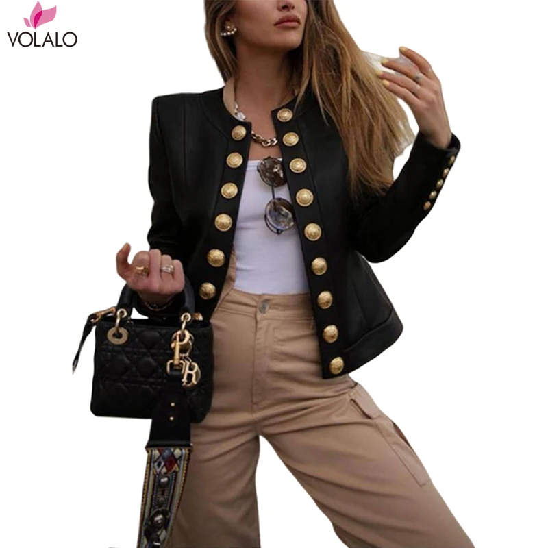 Women Buttons Blazers Leather Long Sleeve Biker Casual Short Coat Top Ladies Autumn Winter Streetwear Fashion Female Outwear New