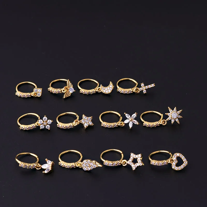 New 1Pcs 316L Surgical Stainless Steel Heart Crown Flower Dangle CZ Nose Studs Indian Screw Nose Rings Nose Piercing Jewelry