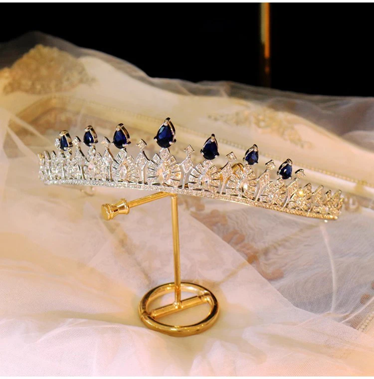 CC Luxury Crown Women Accessory Wedding Headpiece Engagement Hair Ornaments Bridal Dress Water Drop Shape Blue Color Tiara FO70