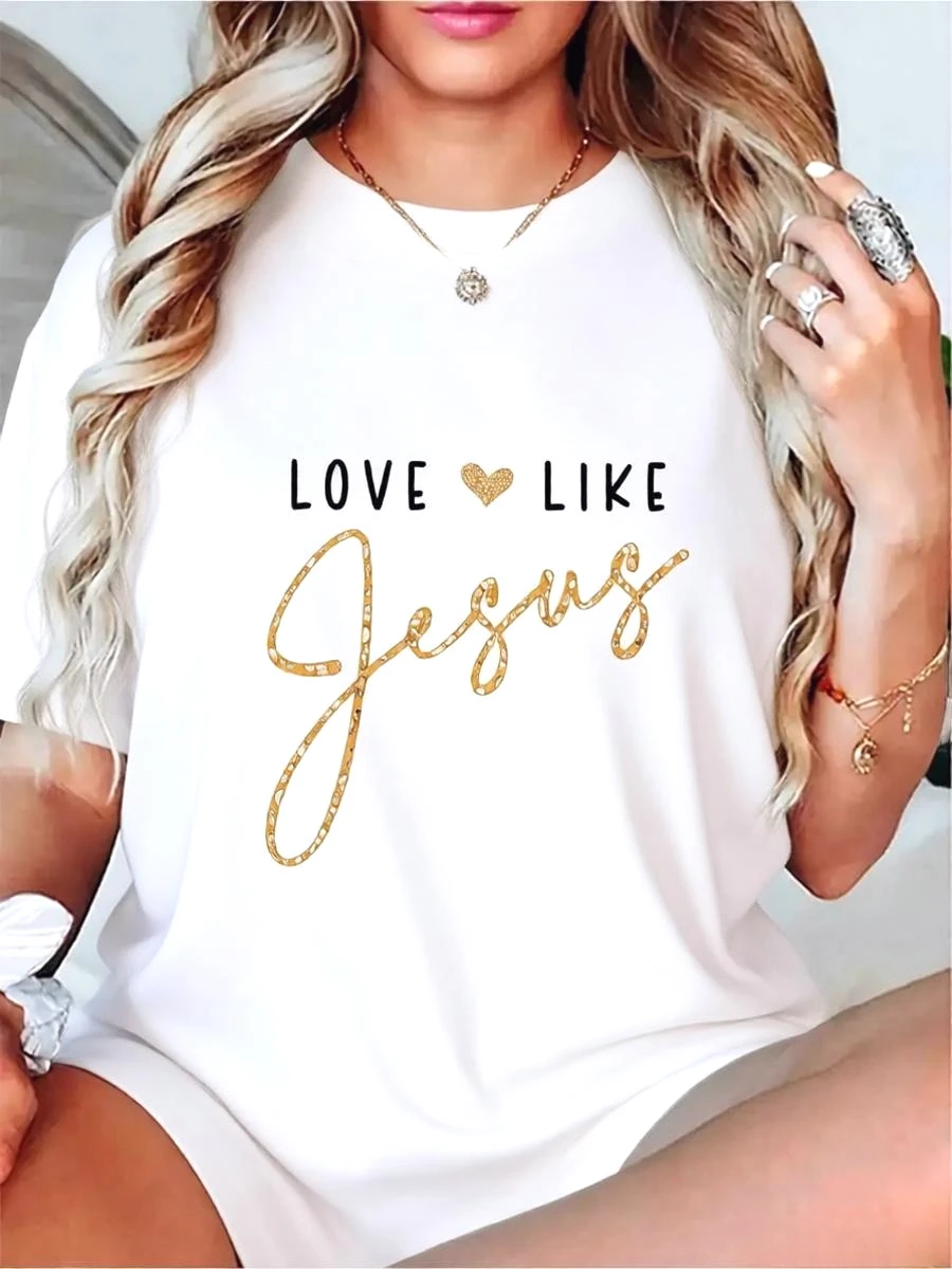Love Like Jesus Women's Oversized T-shirt Leopard Heart Print Graphic Tee Christian Faith Clothes Summer Casual Short Sleeve Top