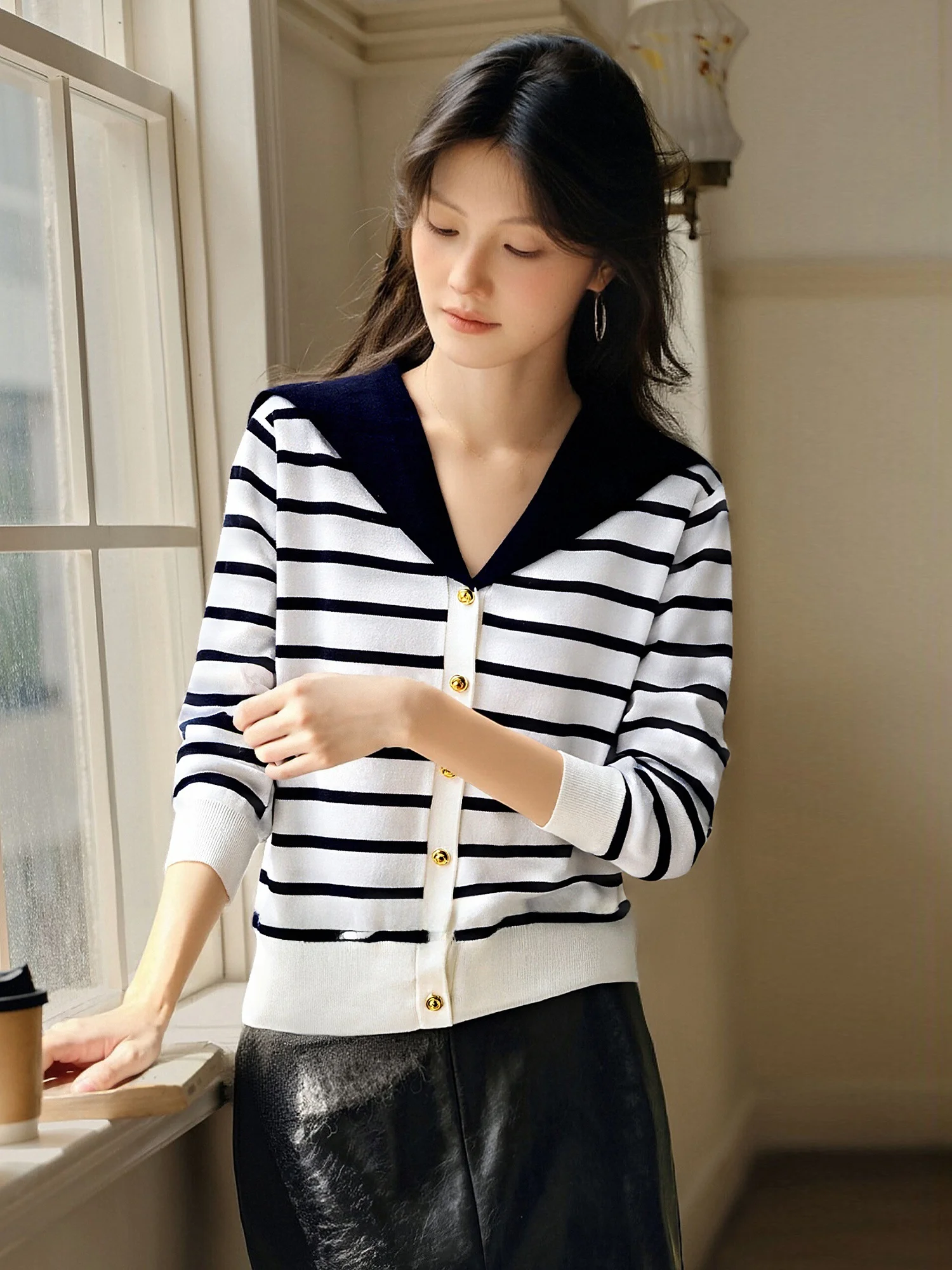 

Женский вязаный кардиган Ele Slimming с полосатым воротником-стойкой, весна-осень, новый, комфортный, с длинными рукавами, свитер-жакет