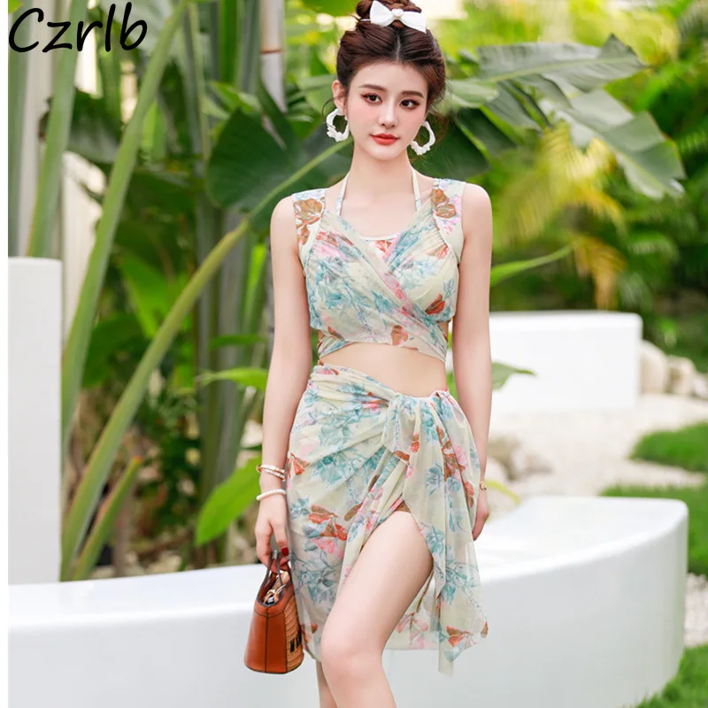Floral Print Bikinis Set Women Three Piece Set Side-slit V-neck Halterneck Design Chest Pad Beach Style Sexy Sweet Attractive