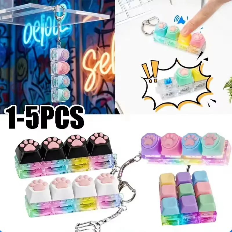 Cat Paw Glow Keychain Fidget Toy Light-Up Silicone Keyboard Button Stress Reliever Portable Clicker Keyring for Anxiety Amagi