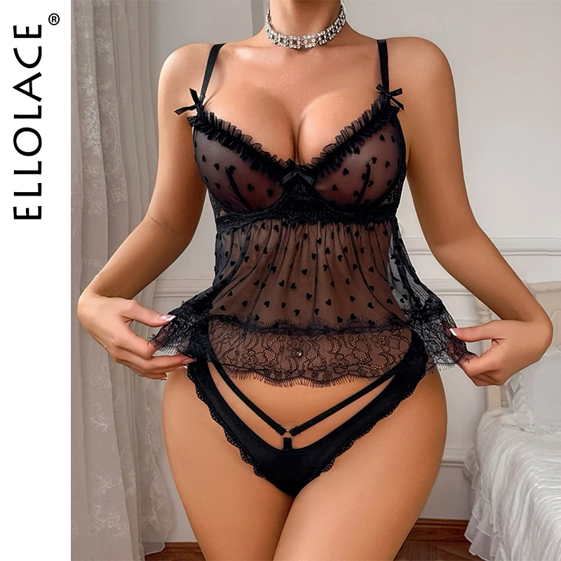 

Ellolace Sweet Lingeries Sexy Hot Intimate See Through Lace Mesh Bra 2PC Set Cute Heart Embroidered Lingerie Ultra Sexy Homewear