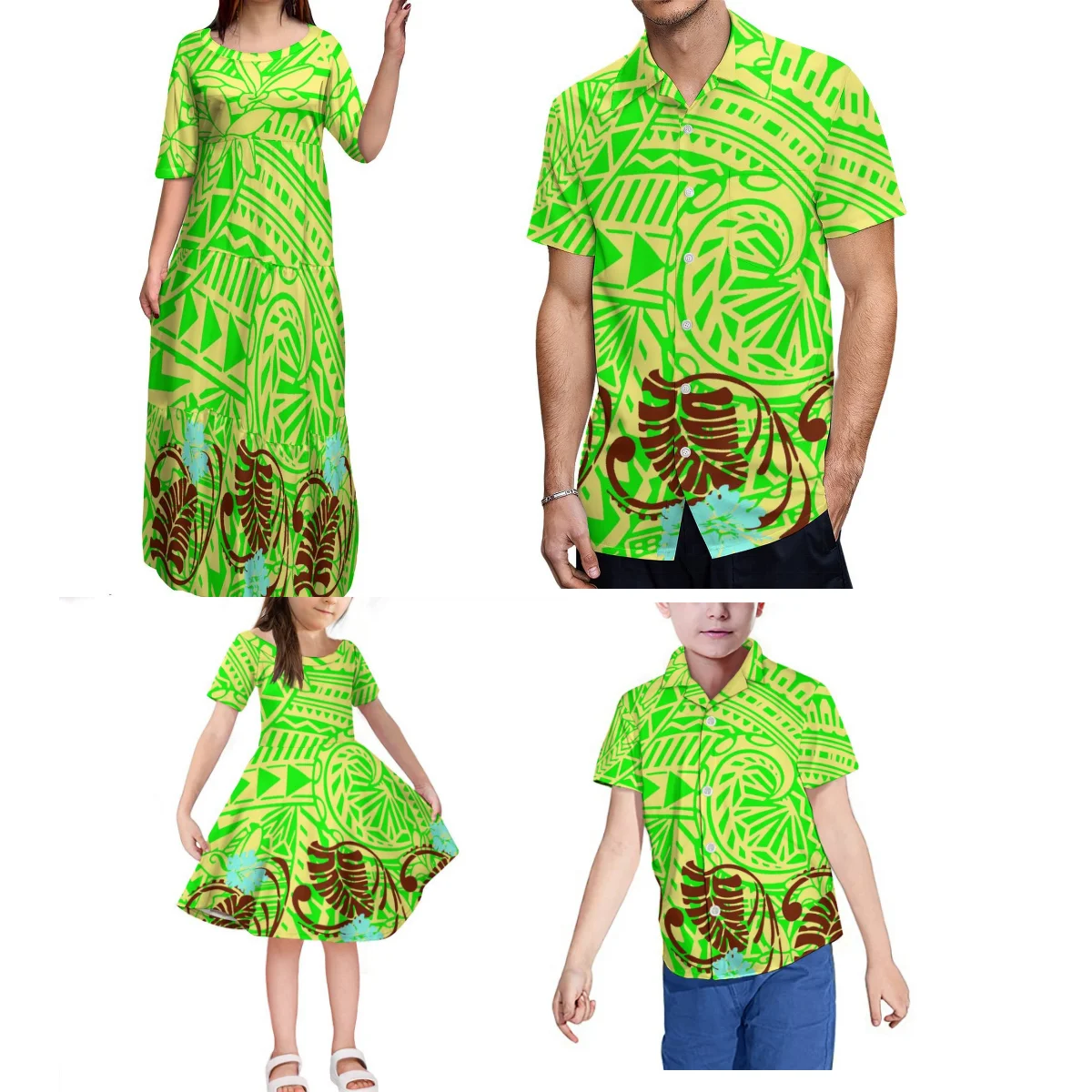 Polynesian Retro Style Samoan Fijian Family Party Clothing Women'S Dresses Fashion Long Skirts Men'S Shirts Children'S Clothing