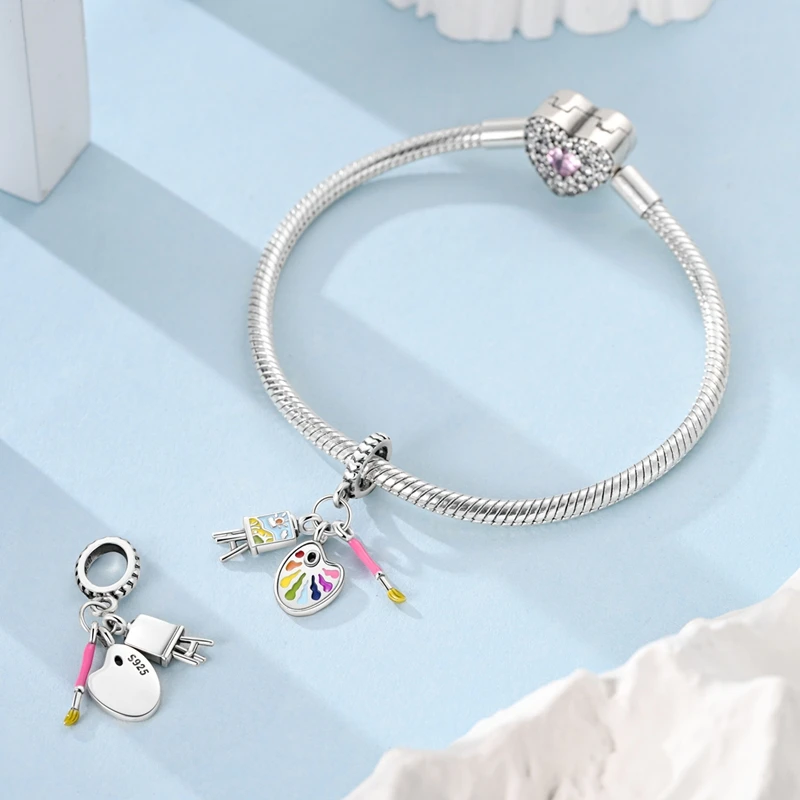 925 Sterling Silver Charms Bead CZ Zircon Paintbrush Palette Easel Dangle Fit Original Bracelet DIY Women Jewelry
