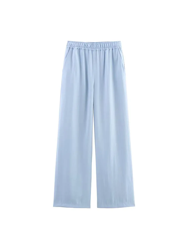 2025 여성 여름 와이드 레그 팬츠 패션 캐주얼 솔리드 밴딩 허리 루즈핏 여성 우아한 스트릿 팬츠 트라우저 의류