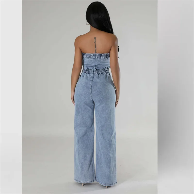 Fashion Off The Shoulder Sleeveless Denim Jumpsuit Women Backless Single-breasted Half-open Rompers Casual One-piece Pants 2024