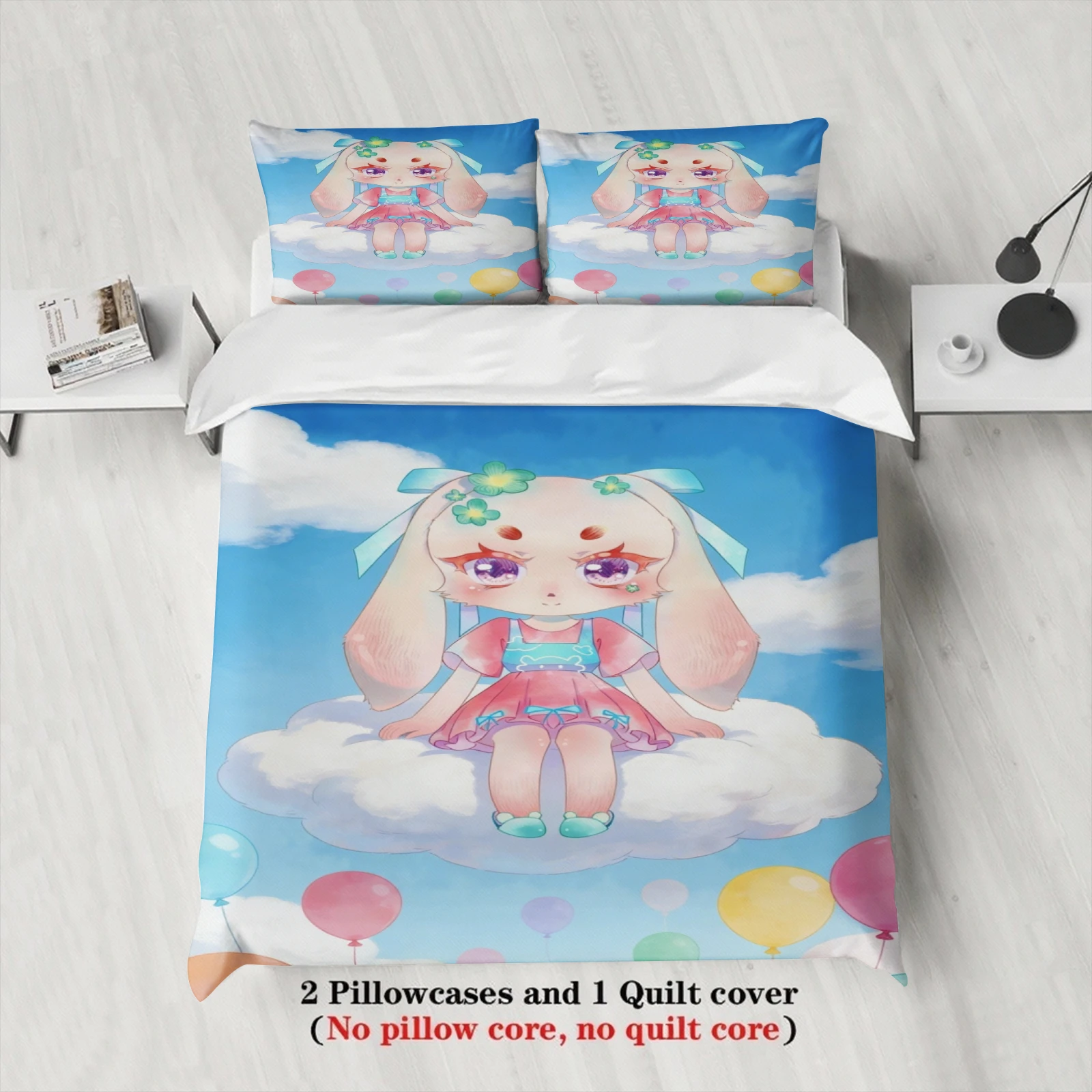 Softville Cozy Town 3PCS Bedding Sets Lop Rabbit Sitting On Cloud Pinted Duvet Cover No filling Cartoon Style Queen King Size