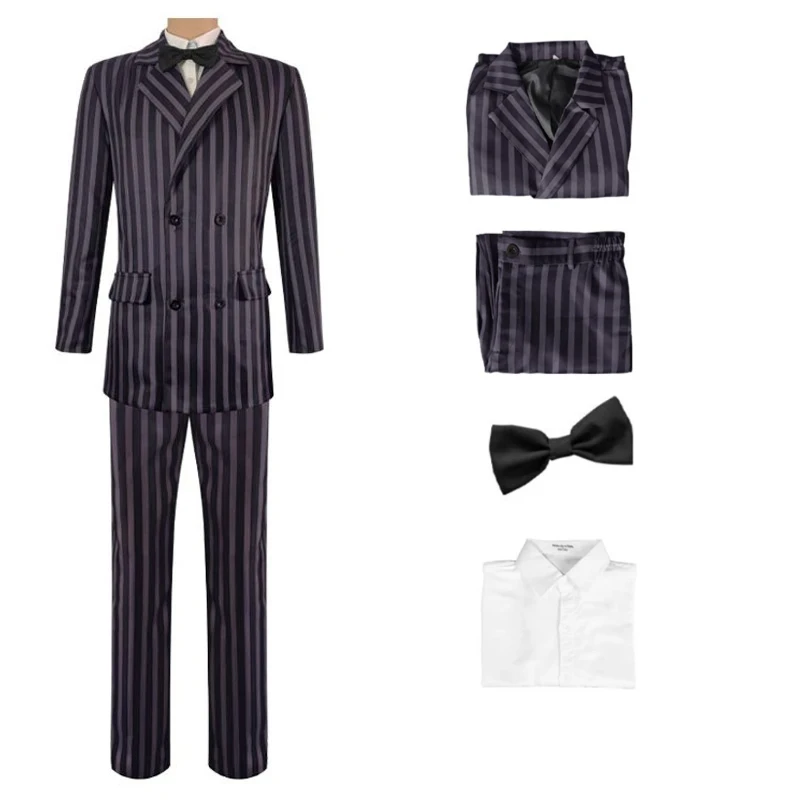 

Gomez Wednesday Inspired Mens Cosplay Costume Suit Set with Coat Shirt Pant Tie Outfits Halloween Carnival Suit For Man