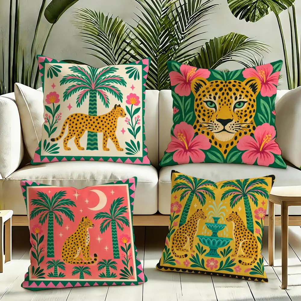 Folk Leopard Palm Cushion Cover Silky Short Plush Invisible Zipper Dustproof Sofa Pillow Case for Home Decor