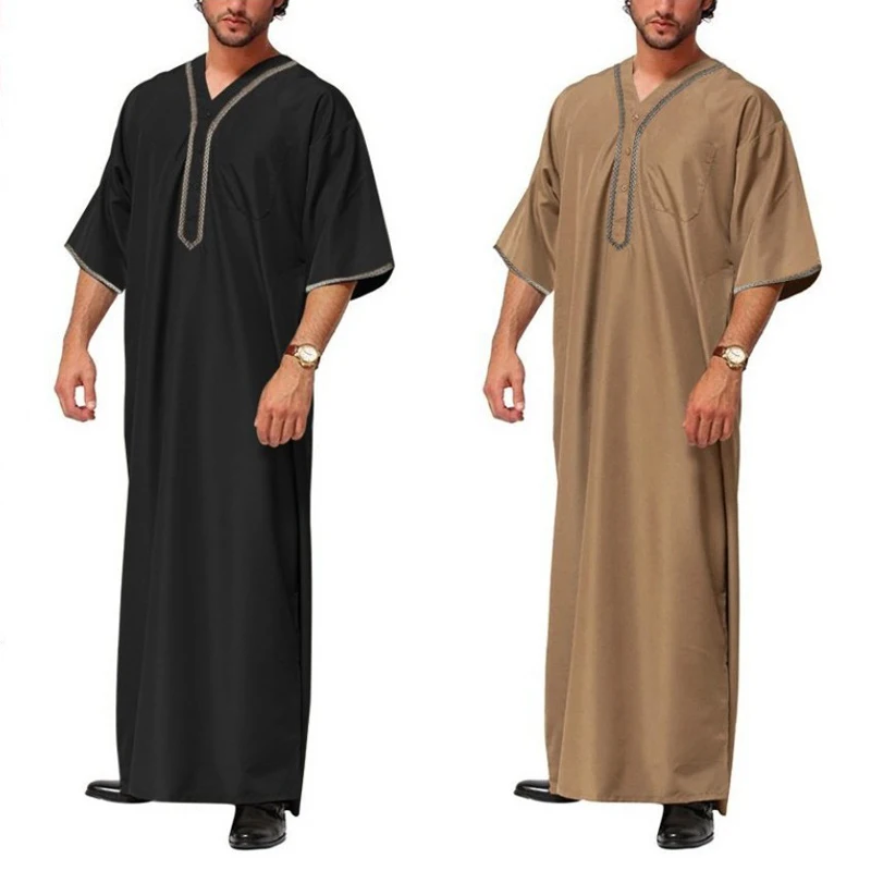 Caftán islámico de media manga para hombre, ropa musulmana de Color sólido con cuello en V, suelta, informal, Pakistán, Arabia Saudita, Ara, Dubái,