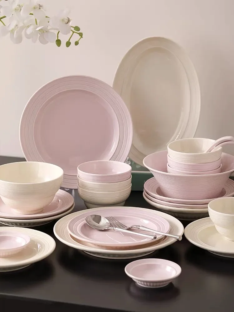 Beige Pink Tableware Set High Gloss Ceramic Bowls Plates Dish Full Set Under Glaze Dinnerware For Family Hotel