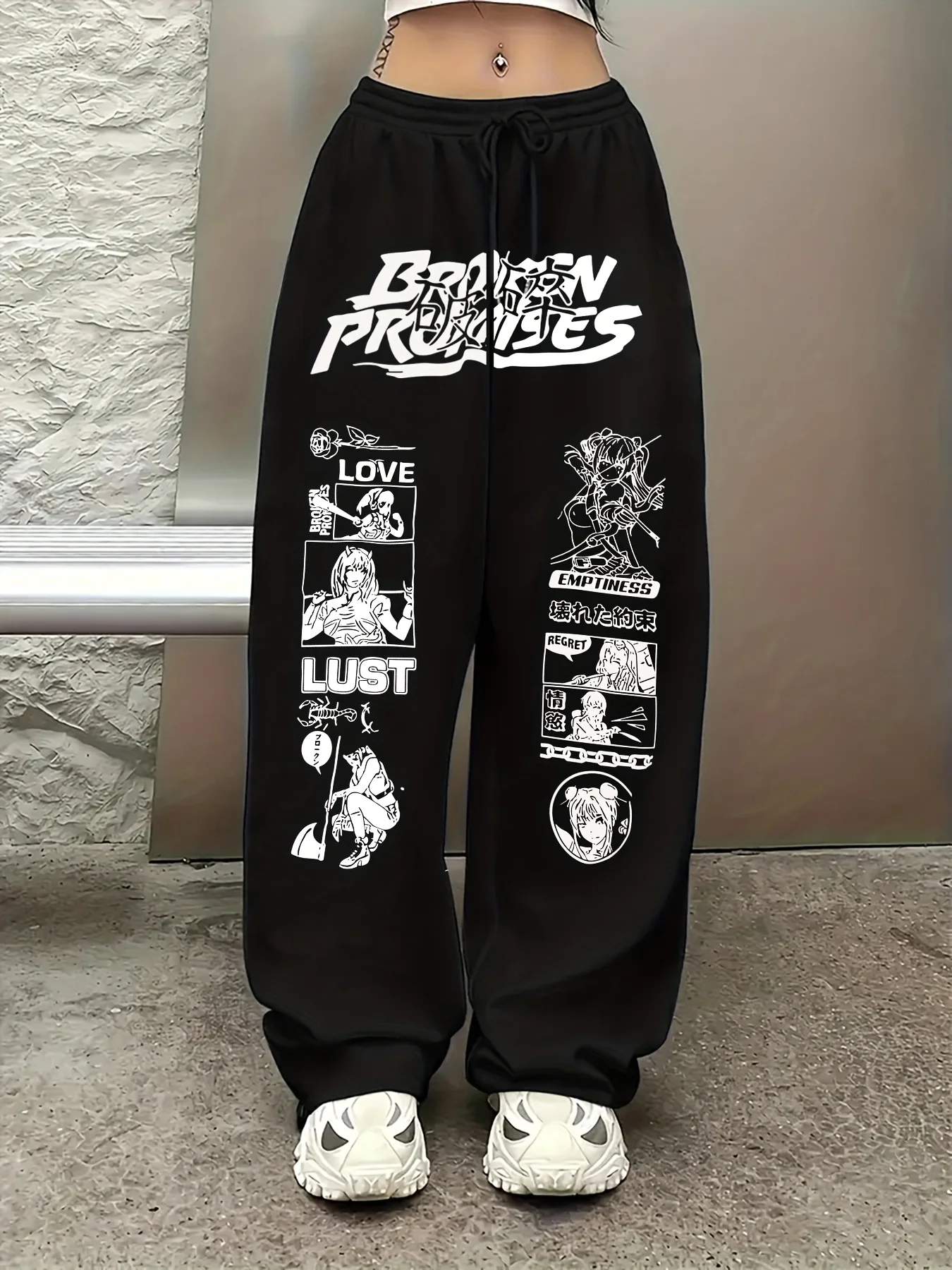 

Свободные прямые брюки с принтом аниме — черный дизайн уличной одежды в стиле хип-хоп, повседневные широкие брюки для взрослых, брюки аниме