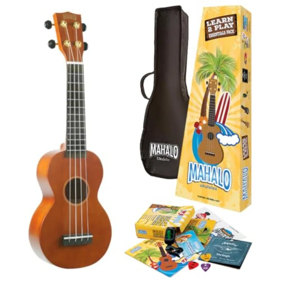 

Soprano Ukulele Learn 2 Play Essentials Pack in Natural Wood with Built-in Tuner and Straps for Beginners