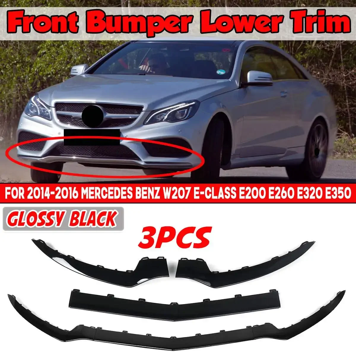 

3pcs Black Car Front Bumper Lip Diffuser Spoiler Protector Cover For Mercedes For Benz W207 E-Class E200 E350 2014-2016 Body Kit