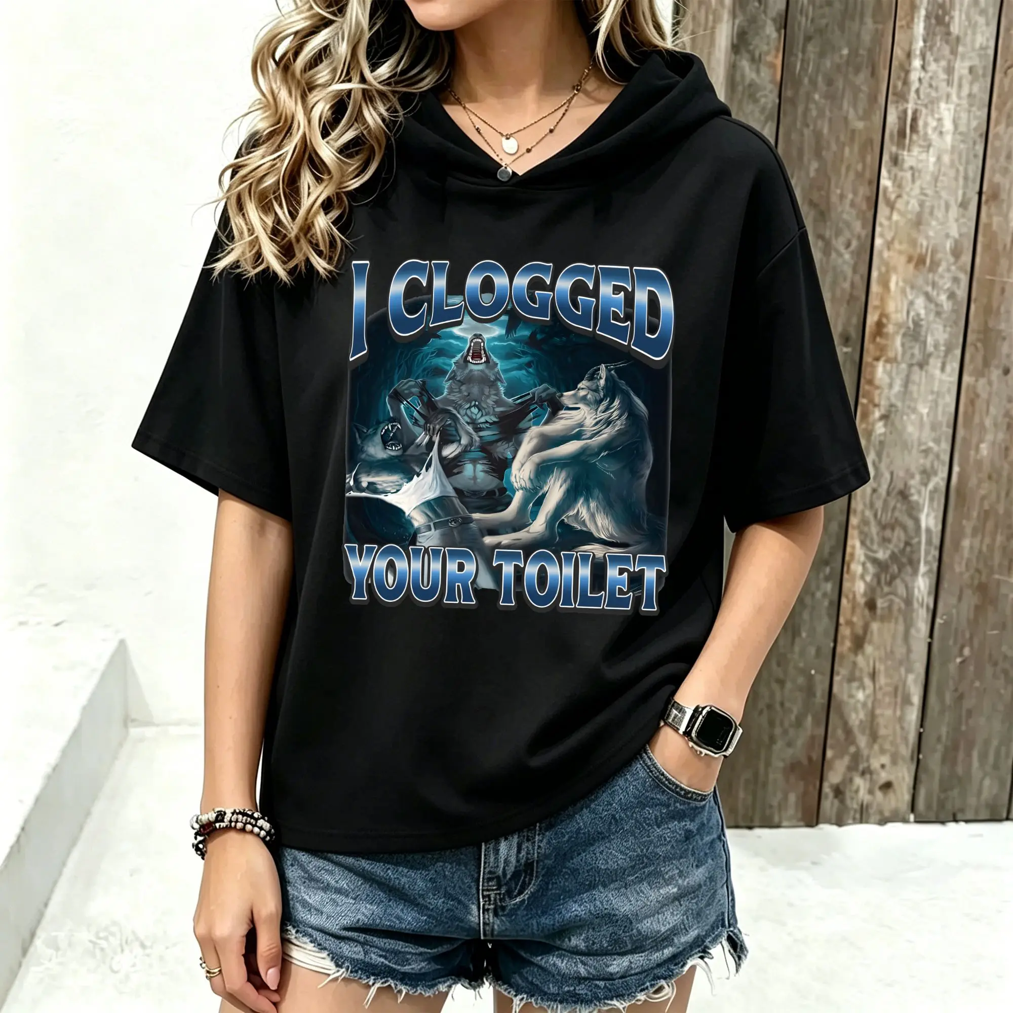 `Women Short Sleeve Hooded T‑Shirt Wolf Dark Humor Graphic Print Spring Summer Loose Hoodie Tee Streetwear Casual Short Sleeve Hood Tops`