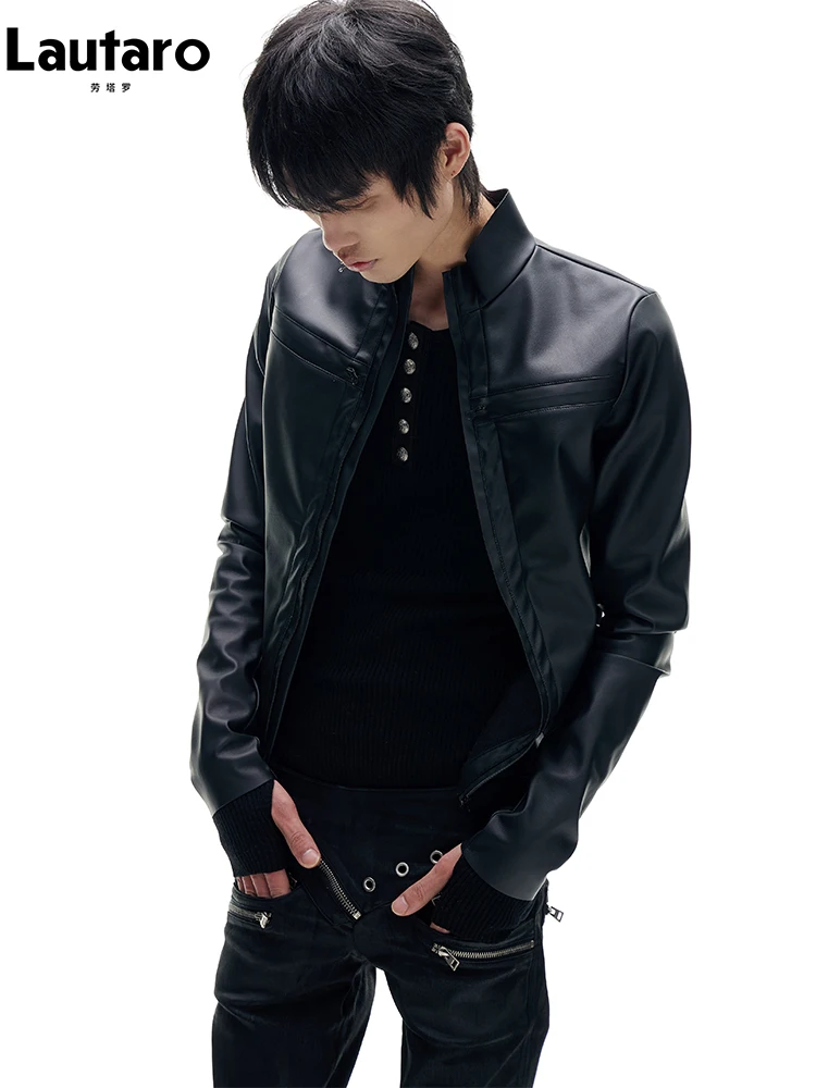 Lautaro Spring Autumn Cool Handsome Short Black Fitted Pu Leather Jacket Women Luxury Designer Punk Style Zip Up Clothes 2026