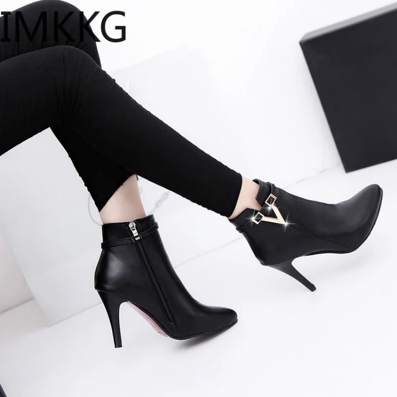 Botas Mujer Invierno 2021 Autumn Stiletto Thin High Heels Woman Pointed Toe Pu Leather Zipper Sexy Ankle Womens Boots A00339