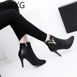 Botas femininas de couro com zíper de dedo apontado, salto alto fino, sexy stiletto, A00339, outono, 2021