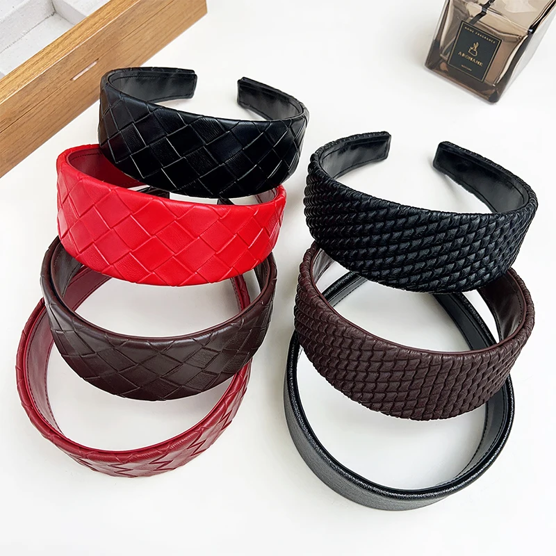 

New Solid Color Retro Wide Brim PU Leather Woven Braided Headband Daily Hair Hoop Trendy Hair Accessories for Women Girls Gift