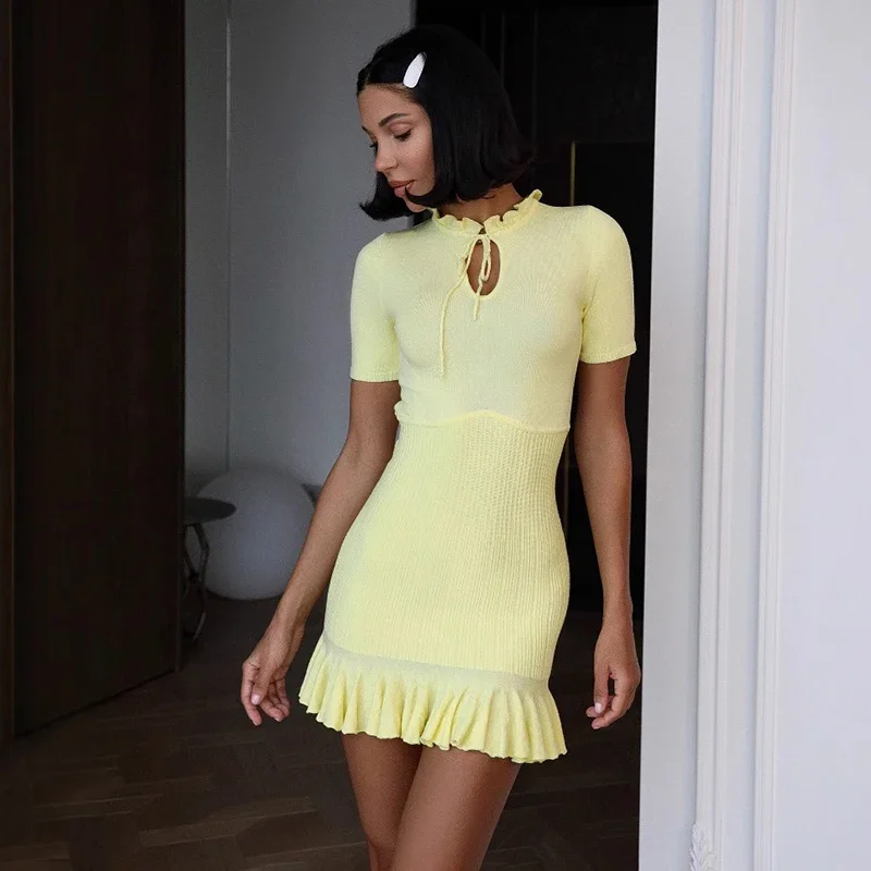 

Knitting Ruffled Mini Dress Women's Hollow Lace Up High Waist Short Sleeve Dress Summer 2025 Evening Party Female Dress