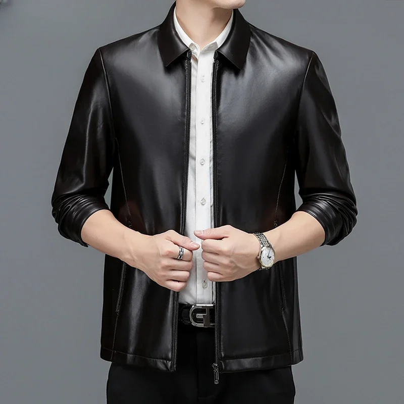 Men's Genuine Leather Jacket Casual Lapel Leather Jackets for Men 2023 Spring Autumn Fashion Black Coats Roupas Masculinas SGG