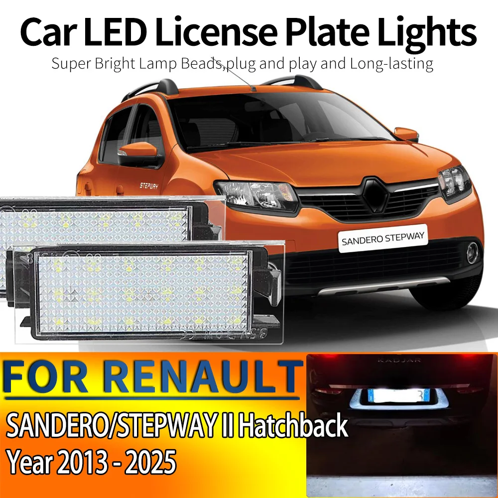 2pcs White Car LED License Plate Lights Assembly 12V For RENAULT, SANDERO/STEPWAY II Hatchback, B8_ (year 2013-2025) Hatchback