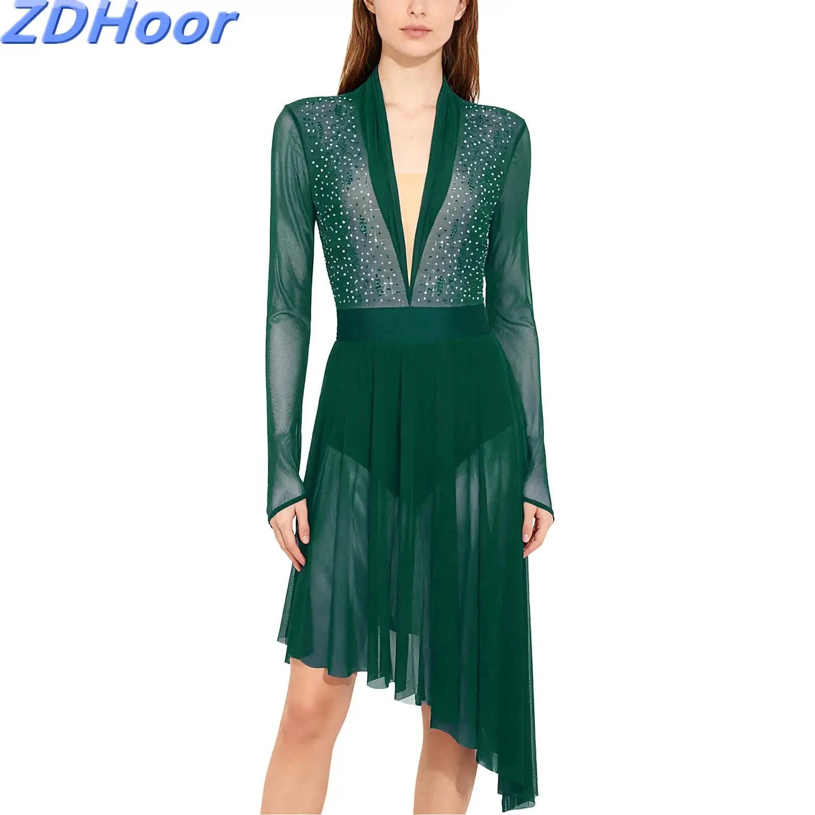 

Women Lyrical Dance Dress Sheer Mesh Long Sleeve Shiny Rhinestones Built-In Crotch Buttons Briefs Ruffled Dress