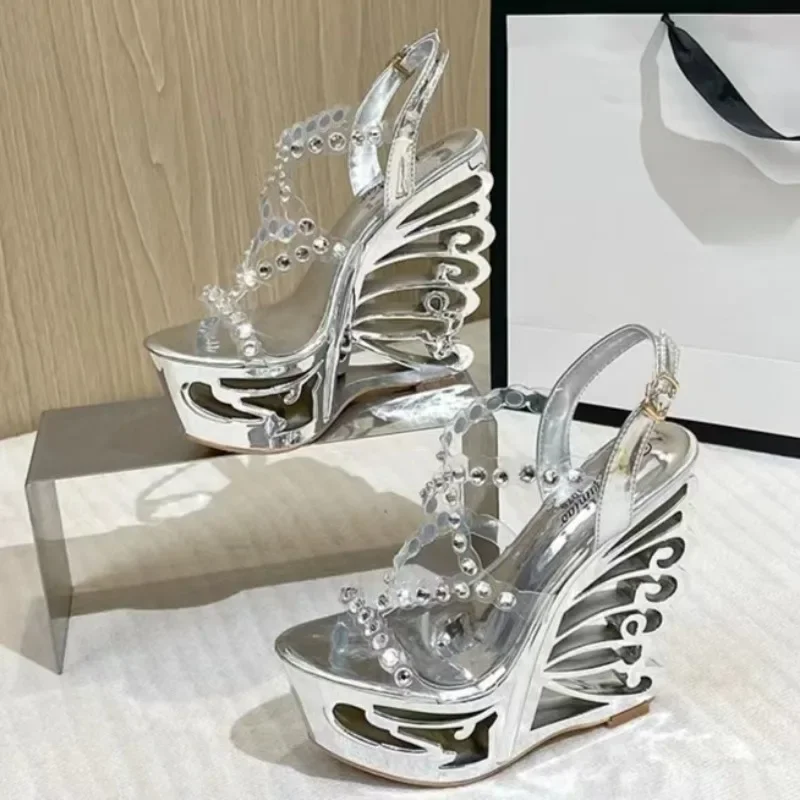 European  American Fashion Irregular High Heels Rhinestone Sandals Sexy Wedge-shaped Ultra-high Women's Shoes 14cm Party Shoes